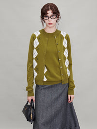 Green Argyle Short-Sleeved Tops Or Cardigan_BDHL6631