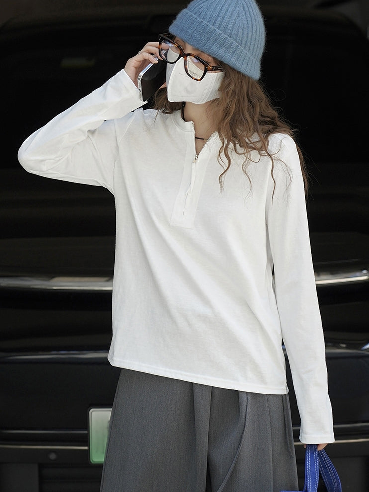 Simple Half-Zip Long-Sleeved Tops_BDHL7776