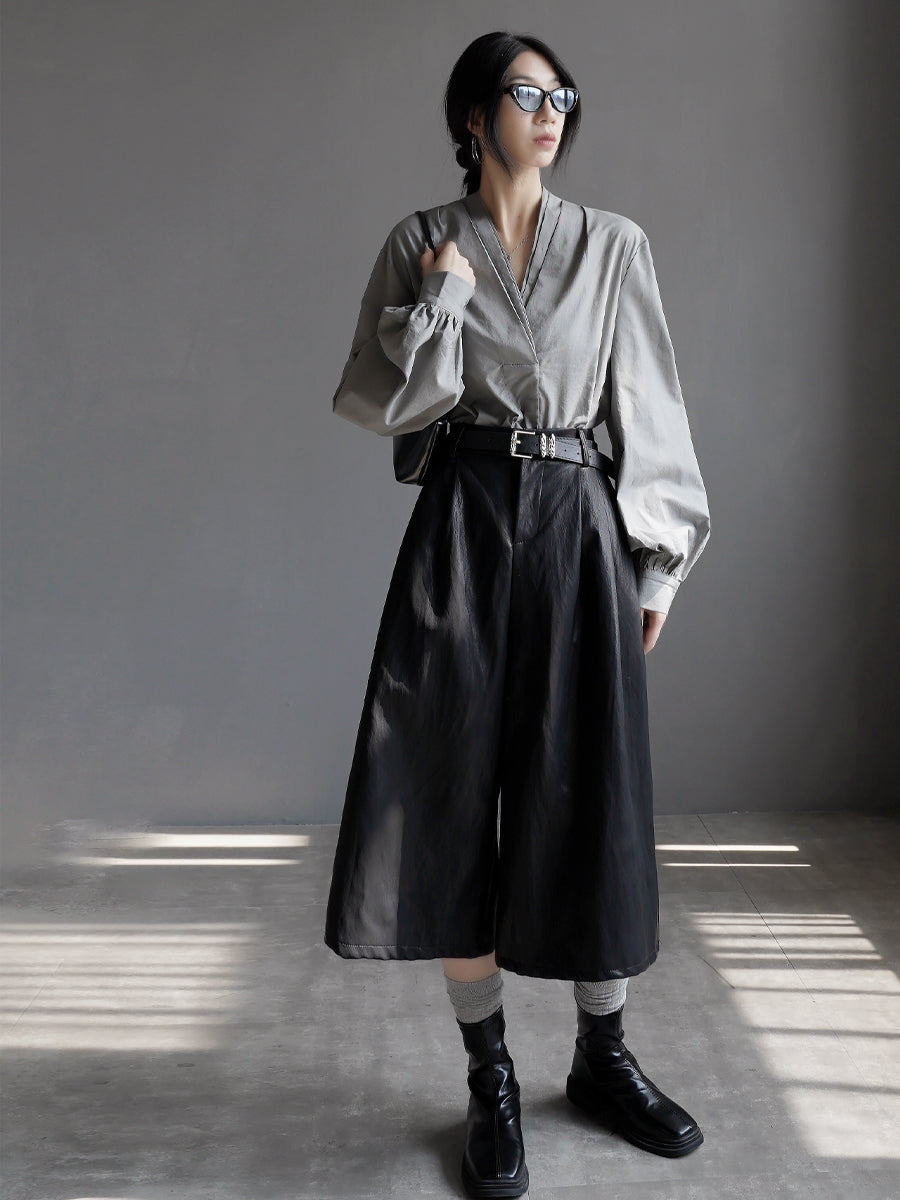 V-Neck Lantern Sleeve Tops_BDHL7914