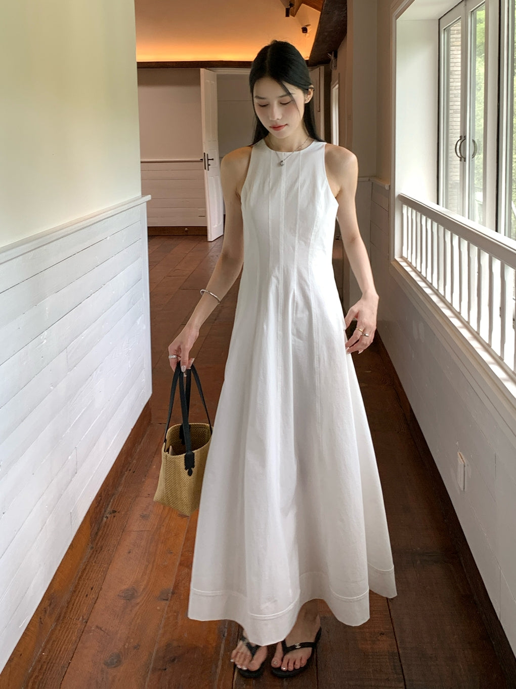 Tucks Long White Dress_BDHL7551