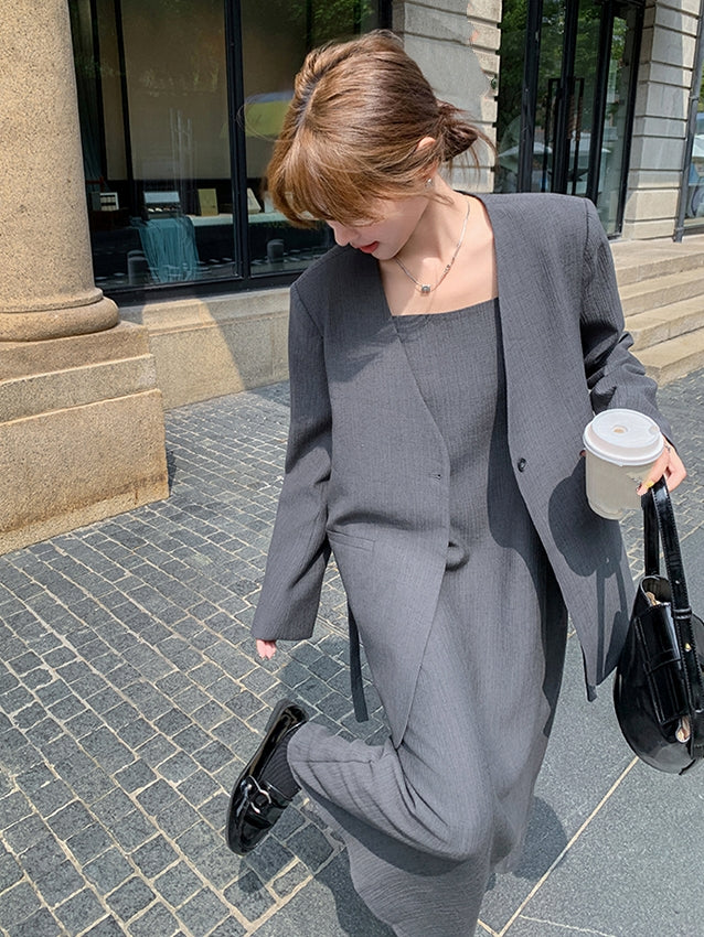 No Collar Jacket And Dress Suit Set_BDHL7562