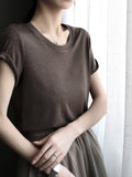 Deep U-Neck Short-Sleeved Tops_BDHL7577