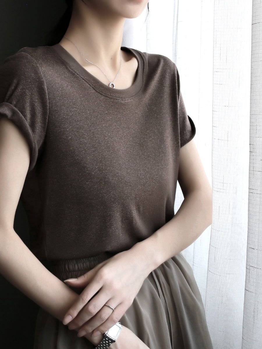 Deep U-Neck Short-Sleeved Tops_BDHL7577