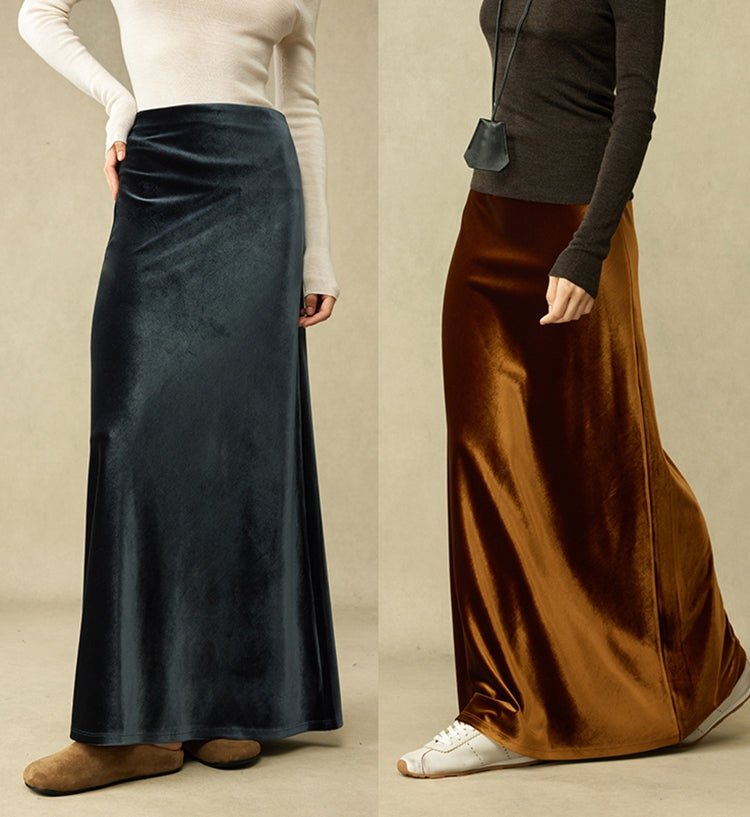Retro Shiny Draped Long Skirt_BDHL6792