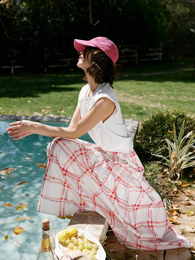 Red Chequered Swing Skirt_BDHL7473