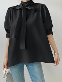 Lantern Sleeve Bow Tie Tops_BDHL7218