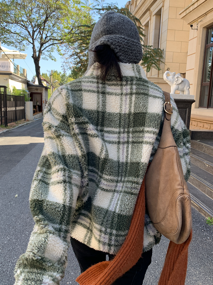 Plaid fleece hoodie pullover top_BDHL5394