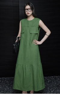 Linen sleeveless relaxed green dress_BDHL5907