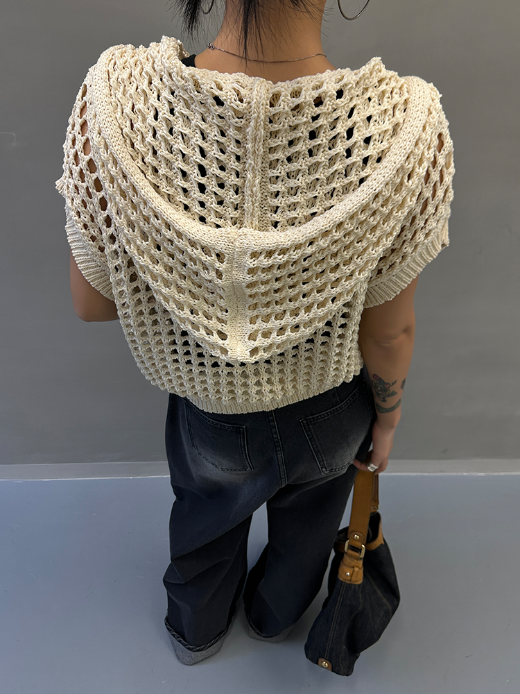 Hooded Hollow Knit Cardigan_BDHL7157