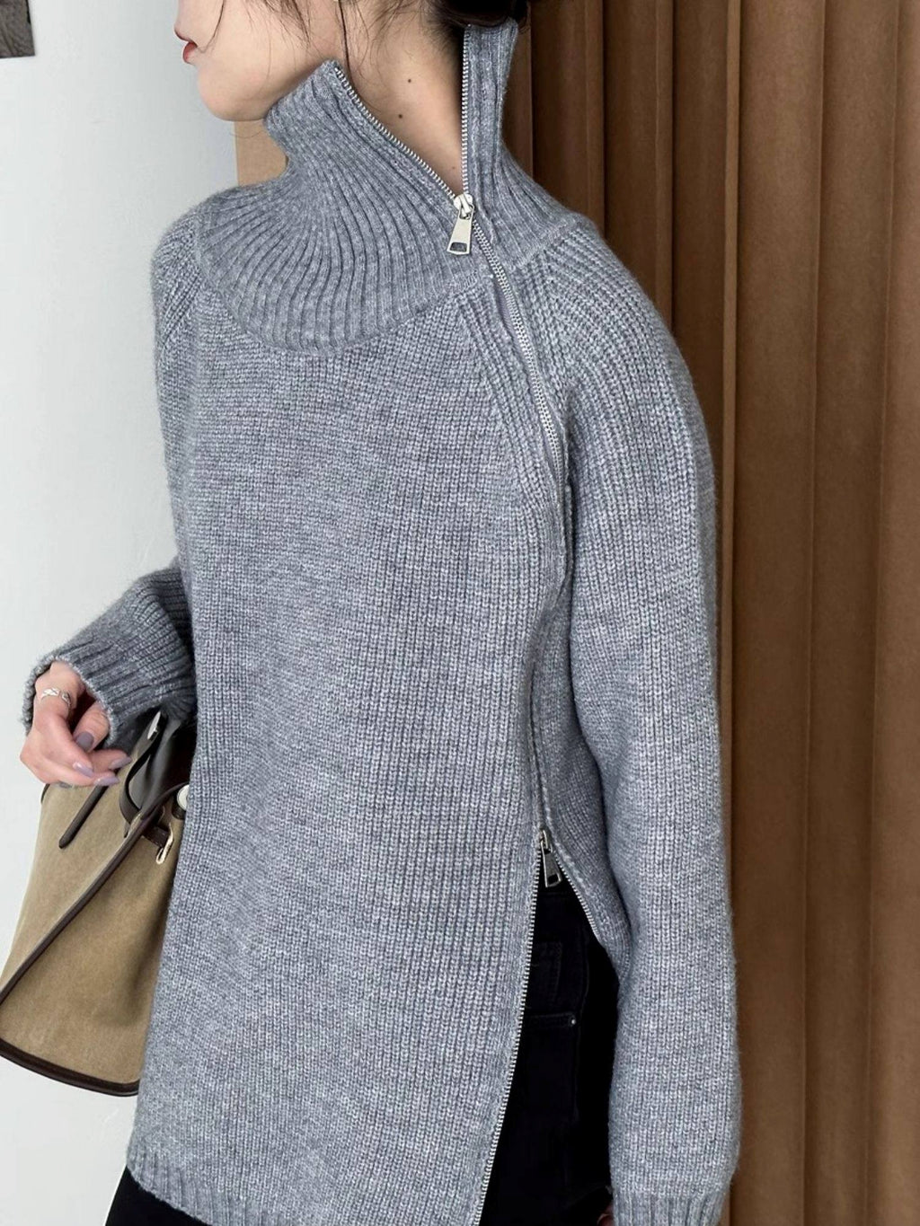 Zipper Turtleneck Loose Knit Tops_BDHL8036