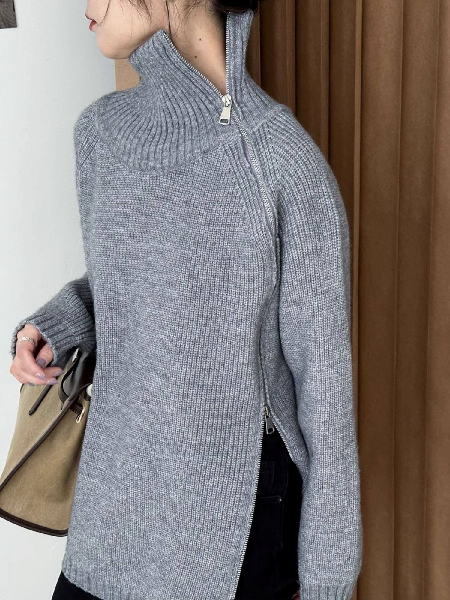 Zipper Turtleneck Loose Knit Tops_BDHL8036