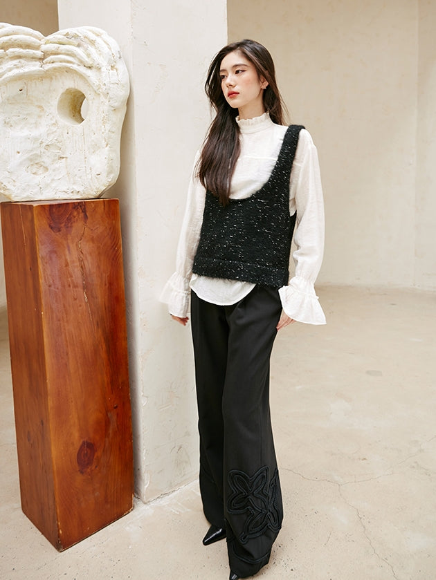 Glitter U-Neck Black Knitted Vest_BDHL6756