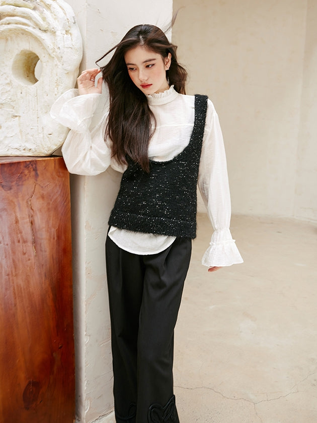 Glitter U-Neck Black Knitted Vest_BDHL6756