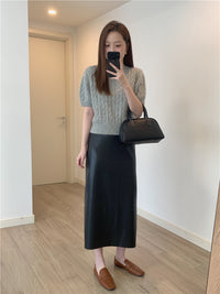 PU Leather Back Slit Skirt_BDHL6766