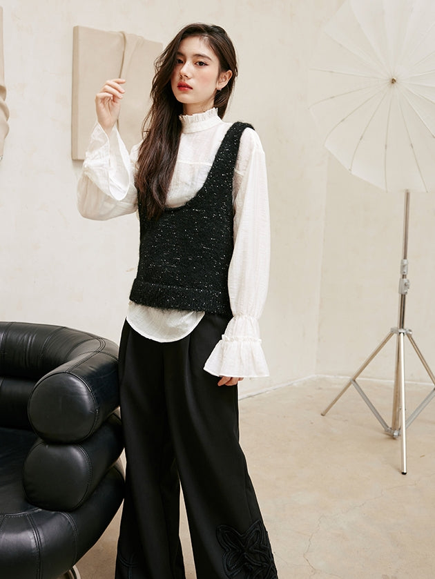 Glitter U-Neck Black Knitted Vest_BDHL6756