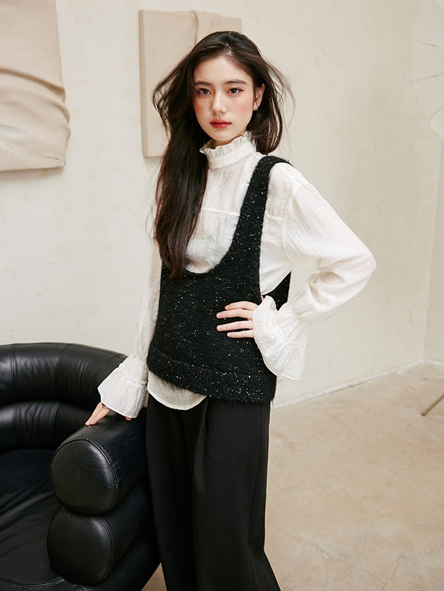 Glitter U-Neck Black Knitted Vest_BDHL6756