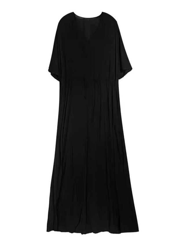 V-Neck Gathered Black Dress_BDHL6241