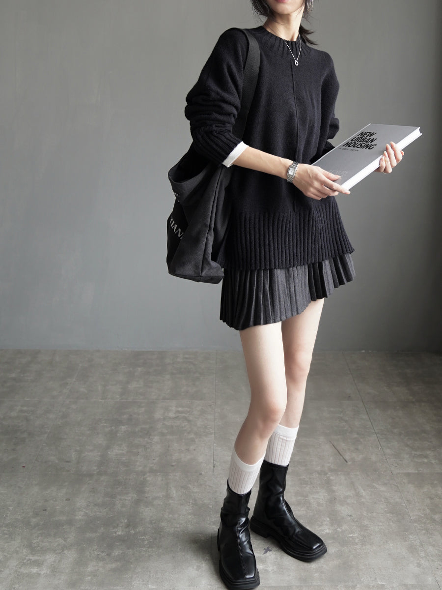 Crew-Neck Loose-Hem Knit Tops_BDHL7927