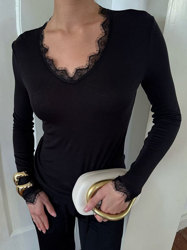 蕾絲V領長袖上衣_BDHL8058