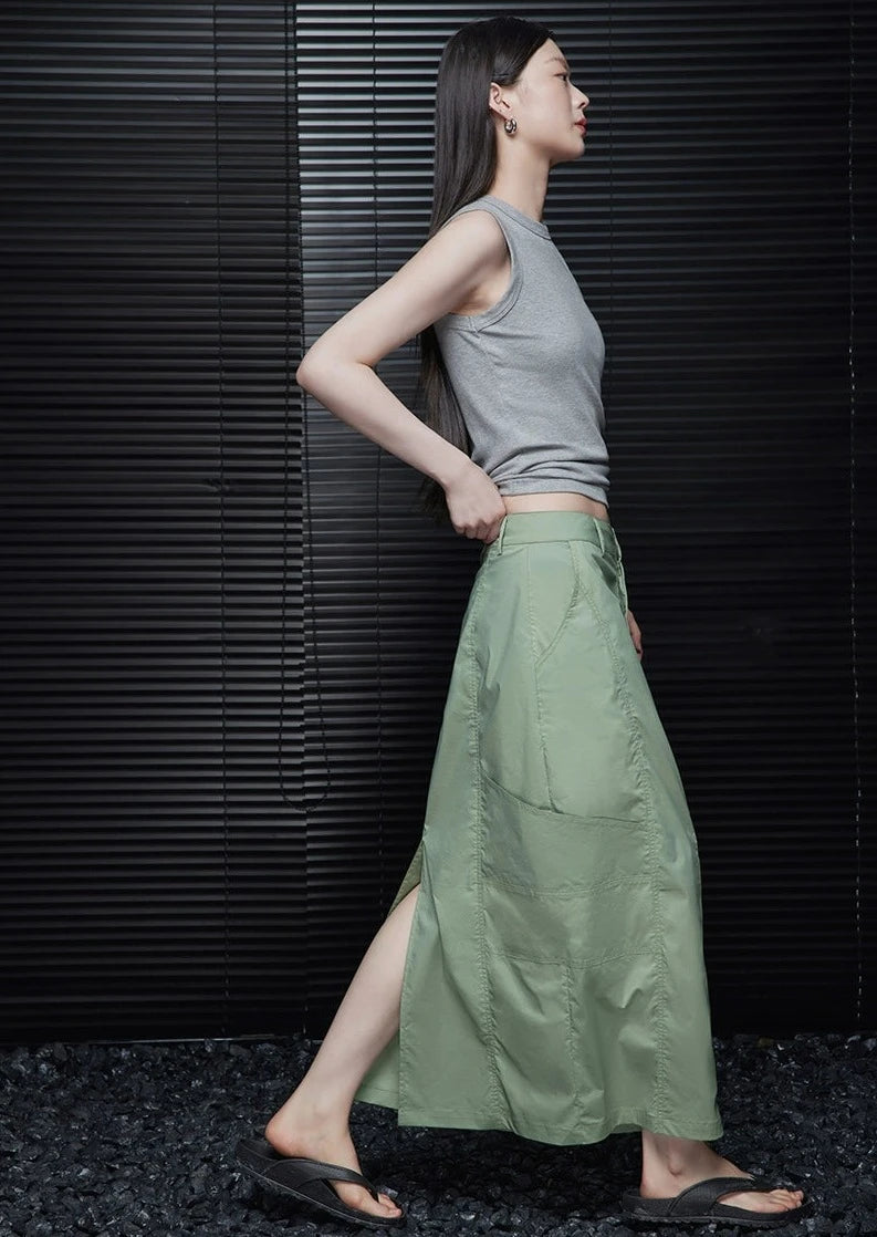 Back Slit Green Long Skirt_BDHL6041