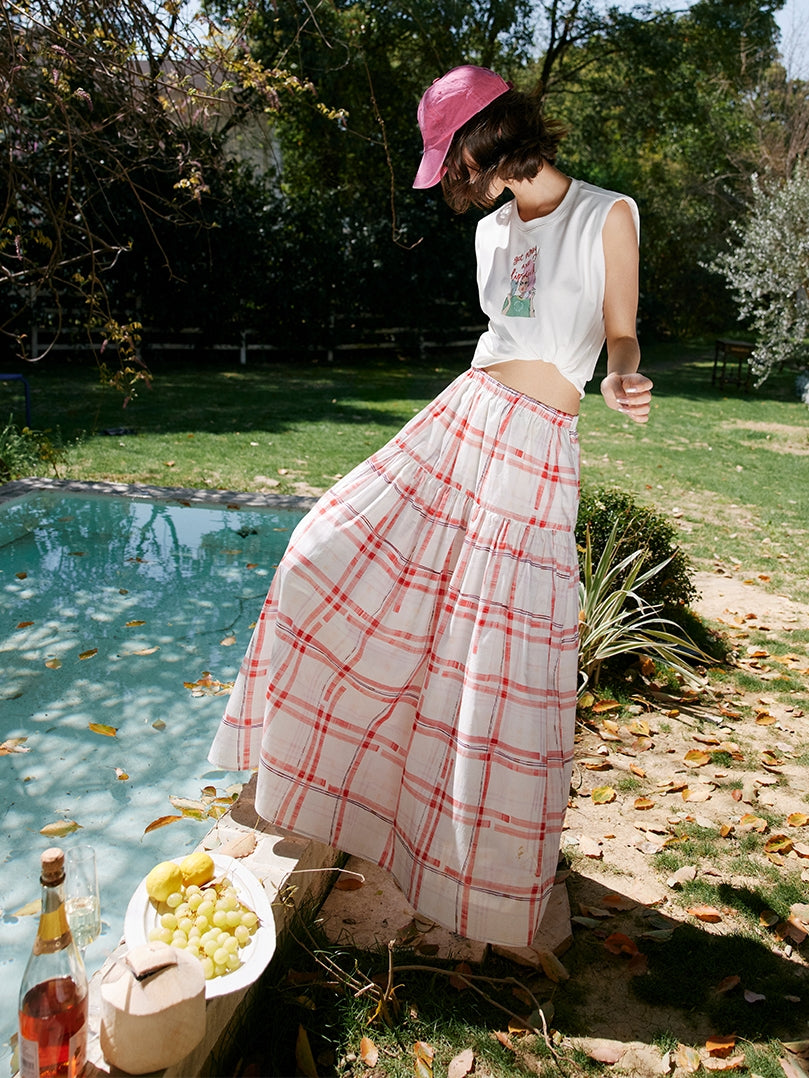 Red Chequered Swing Skirt_BDHL7473