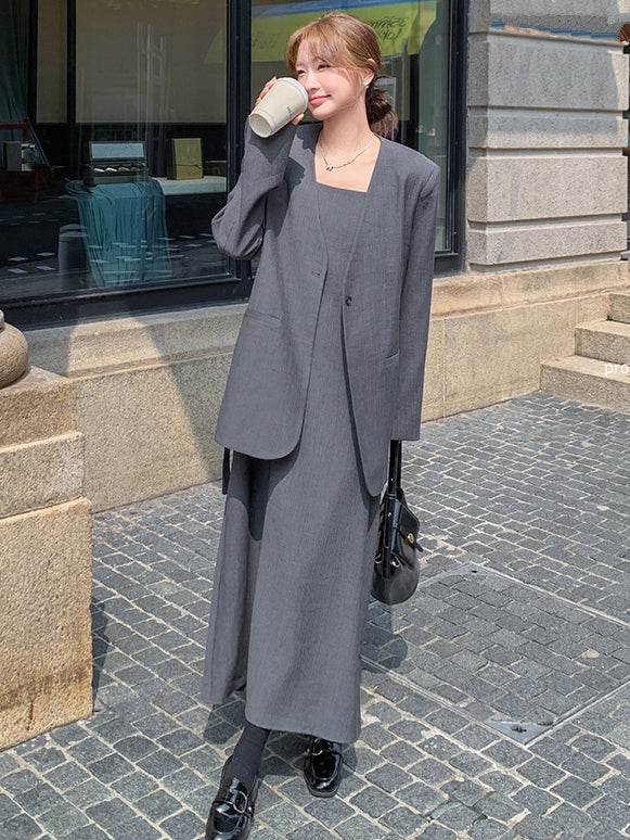 No Collar Jacket And Dress Suit Set_BDHL7562