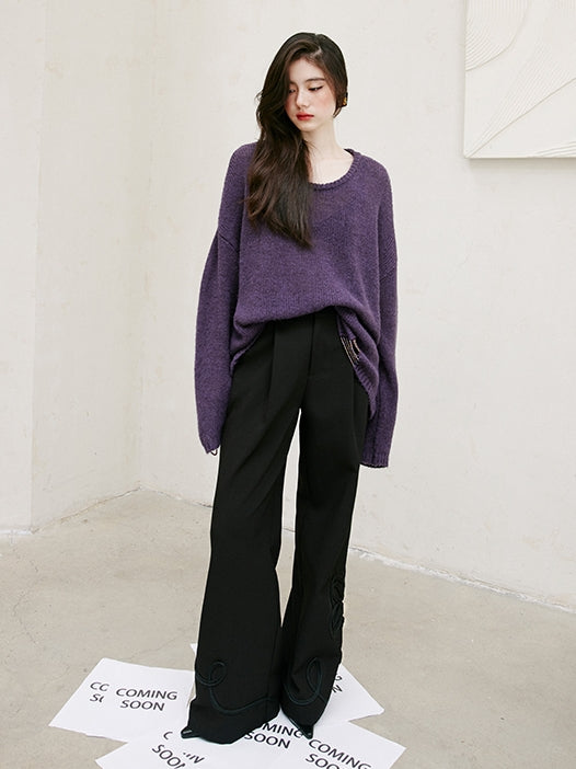 Black Embroidered Straight Pants_BDHL6743