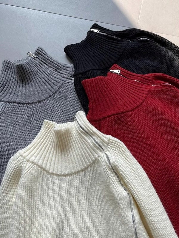 Zipper Turtleneck Loose Knit Tops_BDHL8036