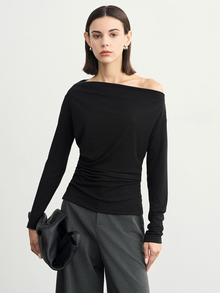 Black One-Shoulder Pleated Tops_BDHL6538