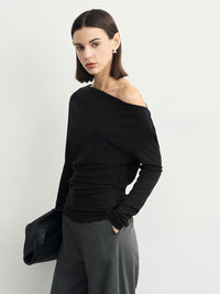 Black One-Shoulder Pleated Tops_BDHL6538