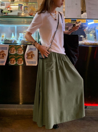 Draped Thin A-Line Long Skirt_BDHL6066