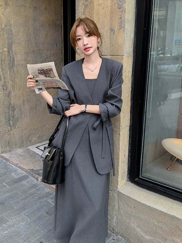 No Collar Jacket And Dress Suit Set_BDHL7562