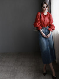 Collar Ribbon Bell Sleeve Shirt_BDHL7270