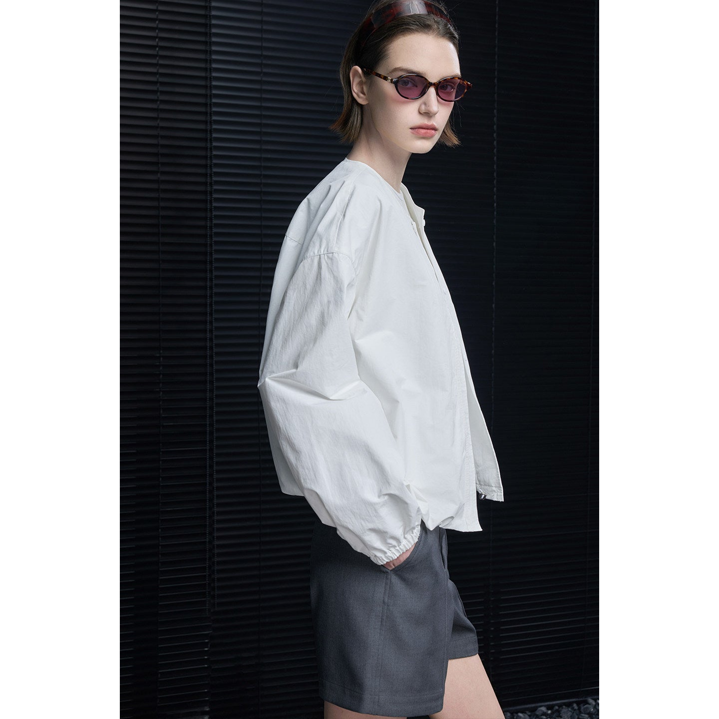 Cotton Round Neck Puff Sleeve Loose Shirt Jacket_BDHL8219