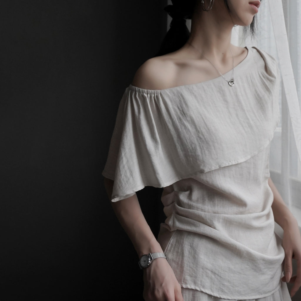 Ruffle Shoulder Top and Wide Pants Set_BDHL8354