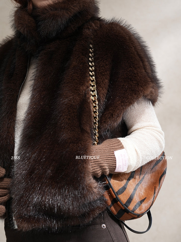 Stand Collar Zipper Fur Vest_BDHL8015