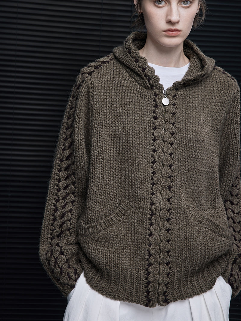Hooded Brown Knit Cardigan_BDHL7874