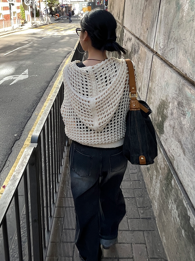 Hooded Hollow Knit Cardigan_BDHL7157