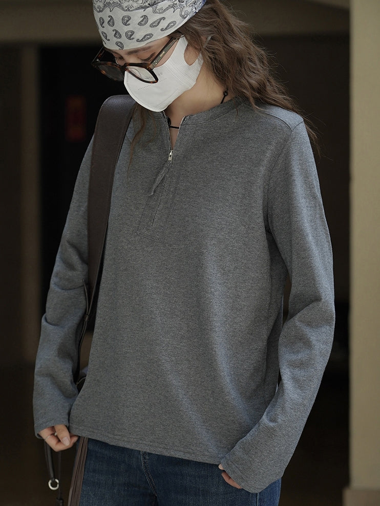 Simple Half-Zip Long-Sleeved Tops_BDHL7776