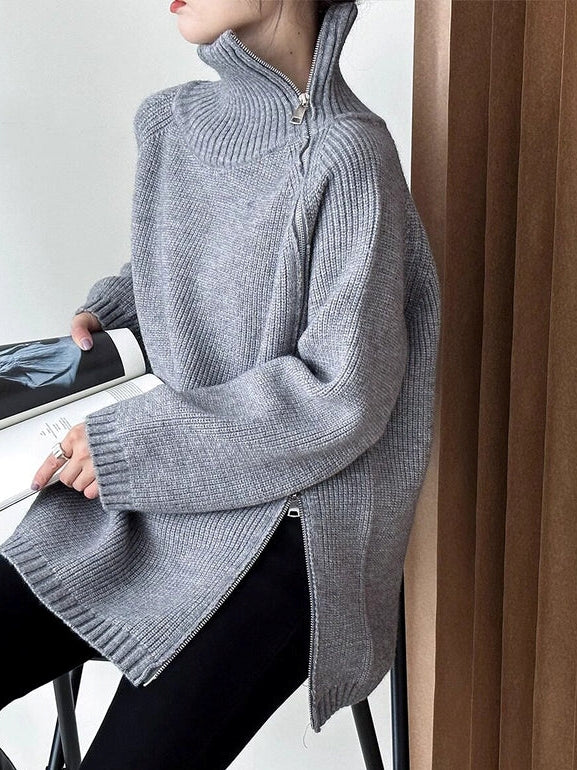 Zipper Turtleneck Loose Knit Tops_BDHL8036