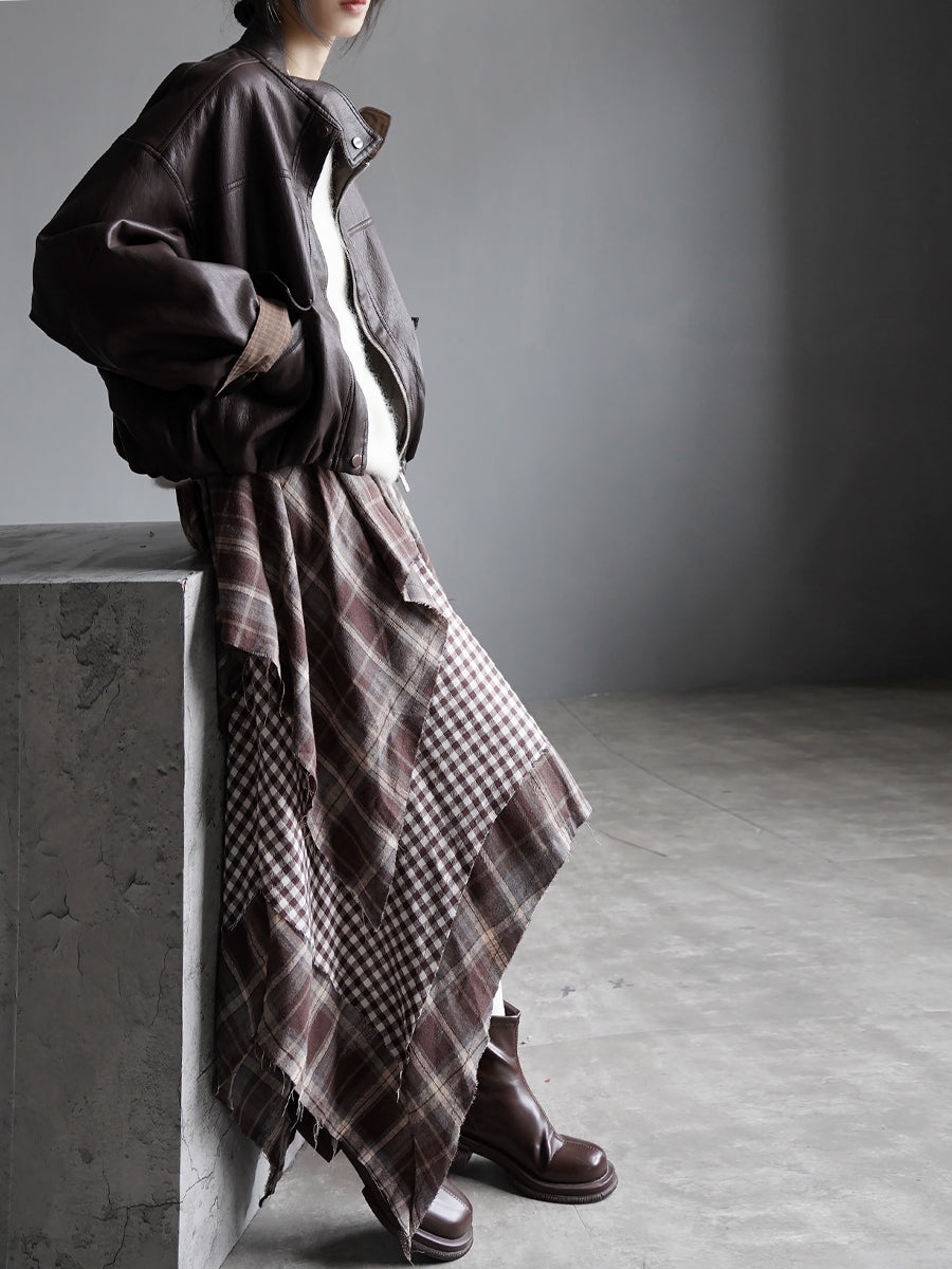 Checkered Asymmetrical Midi Skirt_BDHL7933