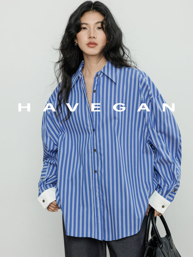 Contrast Cuff Striped Shirt_BDHL7068