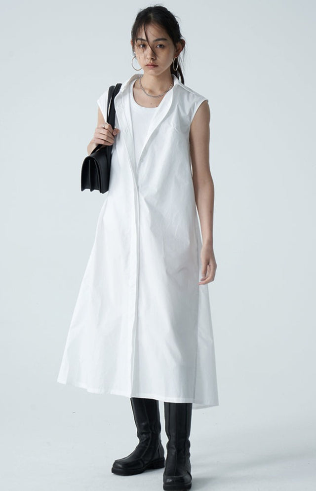 White Pleated Sleeveless Shirt Dress_BDHL6197