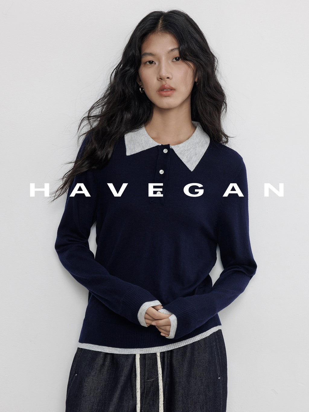 Contrast Collar Long-Sleeved Tops_BDHL7694