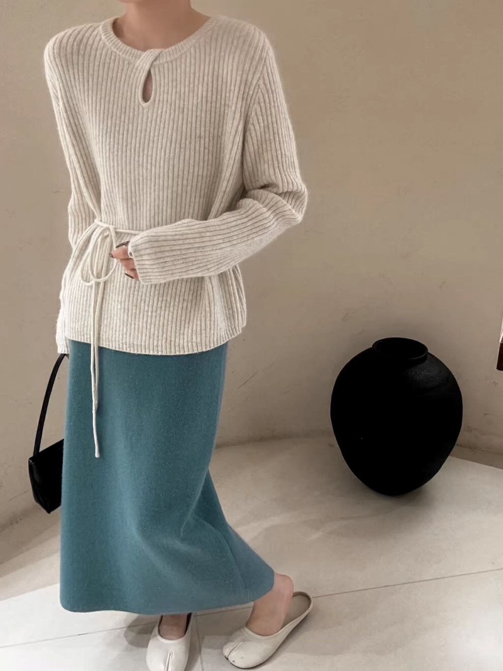 Waist Drawstring Rib-Knit Tops_BDHL8018