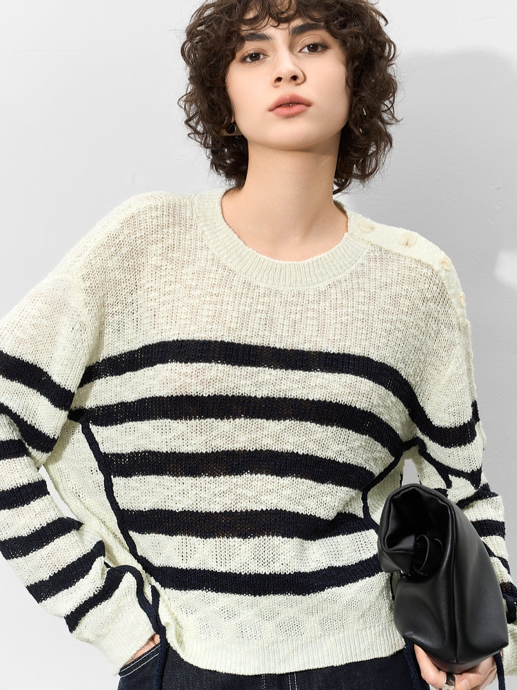 Button-Shoulder Striped Knit Tops_BDHL7012