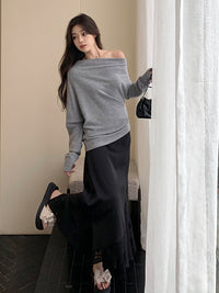 Diagonal Shoulder Long-Sleeved Tops_BDHL6991