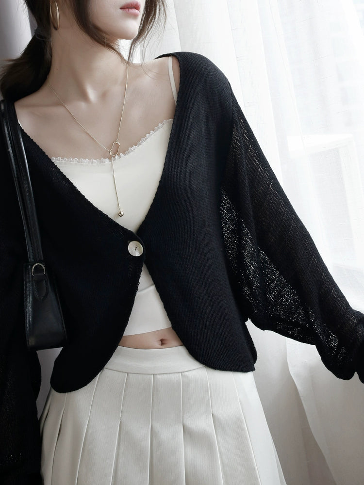 French V-Neck Linen-Blend Knit Cardigan_BDHL7291