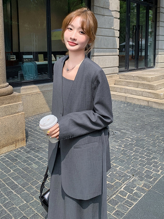 No Collar Jacket And Dress Suit Set_BDHL7562