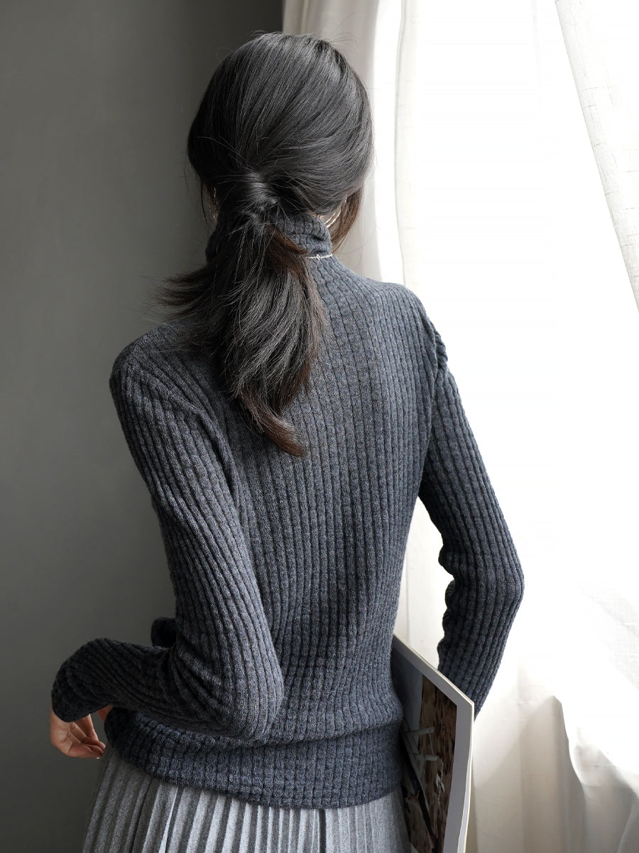 Turtleneck Or High-Neck Waffle Knit Tops_BDHL7930